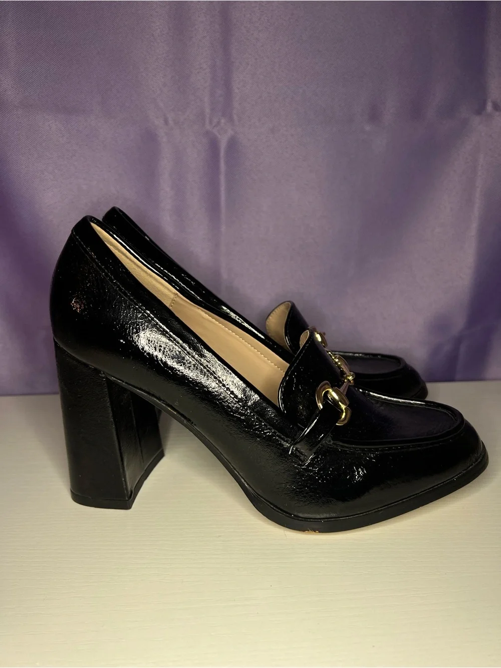 BCBGeneration Black Patent Block Heel Loafer Pumps with Gold Bit